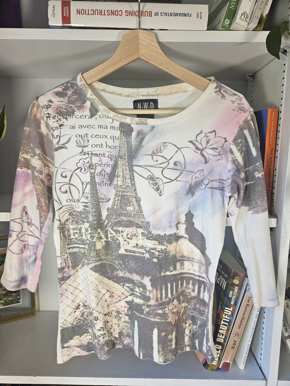 Y2K Women's Top Paris Print Pink Purple Rhinestones Size Small Jeweled Cyber
